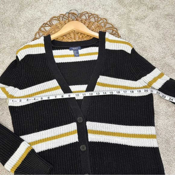 Forever21 Black & Off-White Yellow Striped Open Front Button Cardigan Sweater - Picture 12 of 13